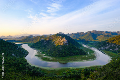 Montenegro, loop of river Crnojevic at sunrise seen from Pavlova Strana lookout
