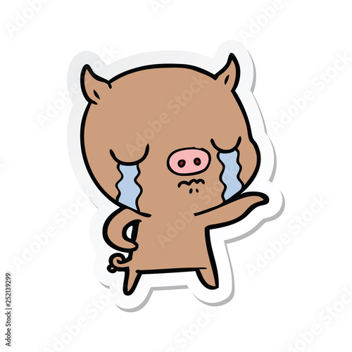 sticker of a cartoon pig crying pointing