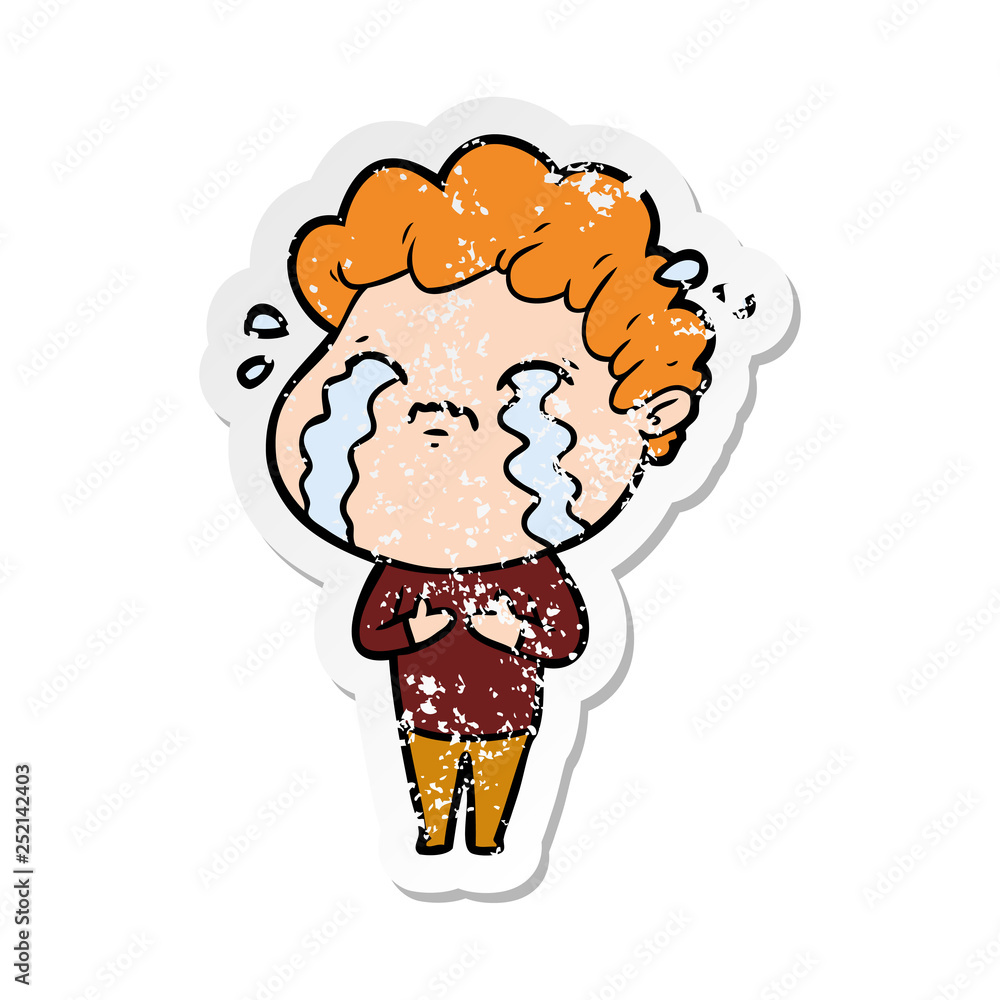 distressed sticker of a cartoon man crying distressed sticker of a cartoon man crying