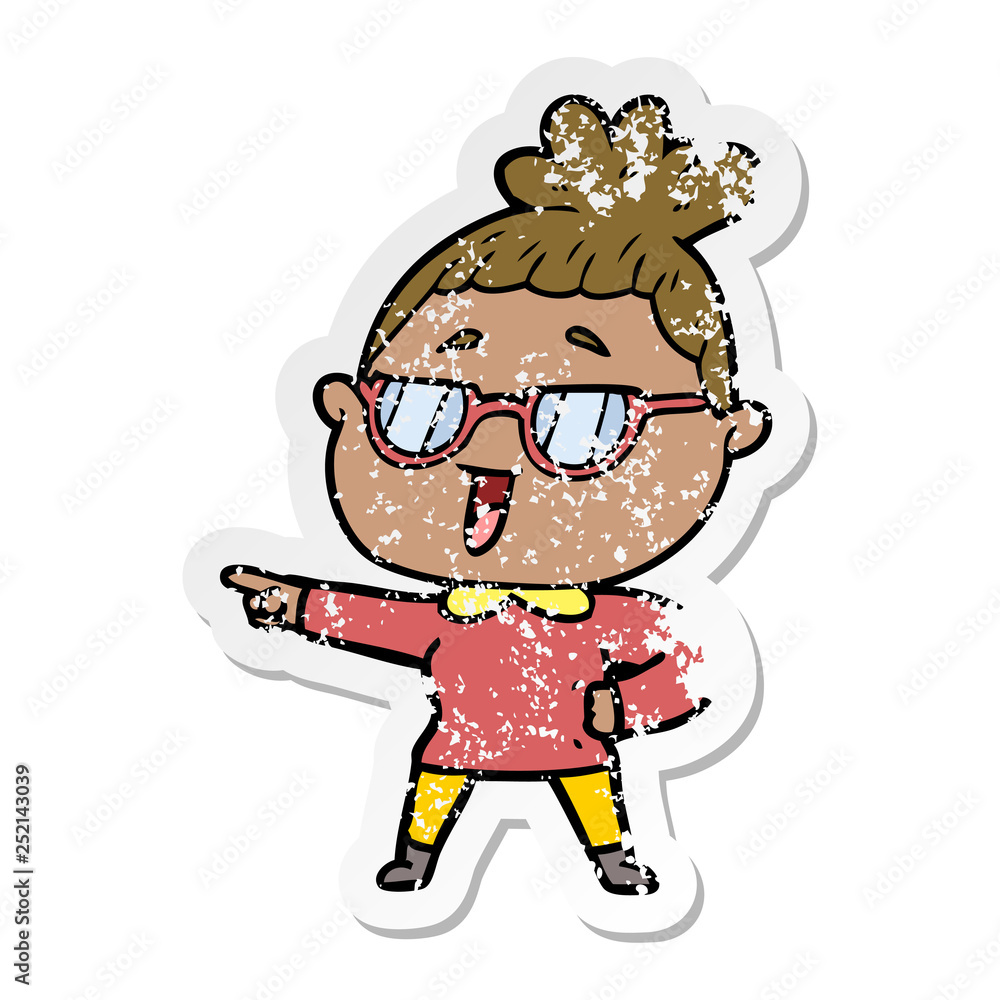 distressed sticker of a cartoon happy woman wearing spectacles distressed sticker of a cartoon happy woman wearing spectacles