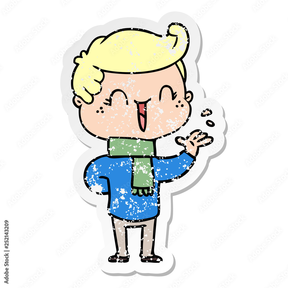 distressed sticker of a cartoon laughing boy distressed sticker of a cartoon laughing boy