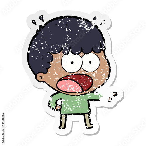 distressed sticker of a cartoon shocked man pointing