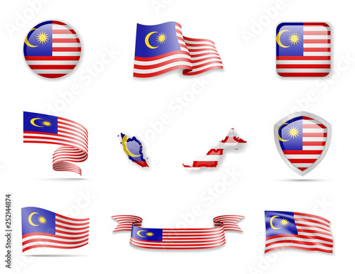 Malaysia flags collection. Flags and outline of the country vector illustration set