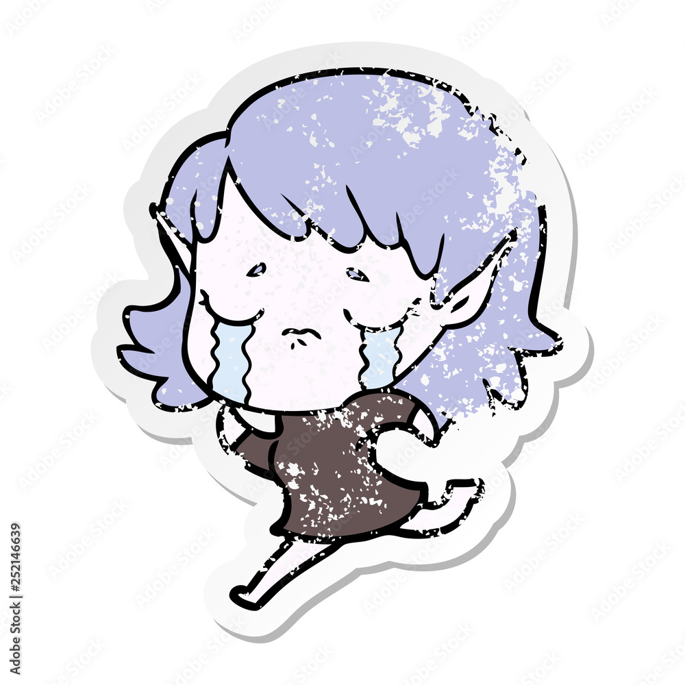 distressed sticker of a cartoon crying elf girl distressed sticker of a cartoon crying elf girl