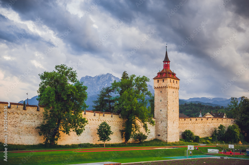 Old city wall and towers in Luzern, Switzerland