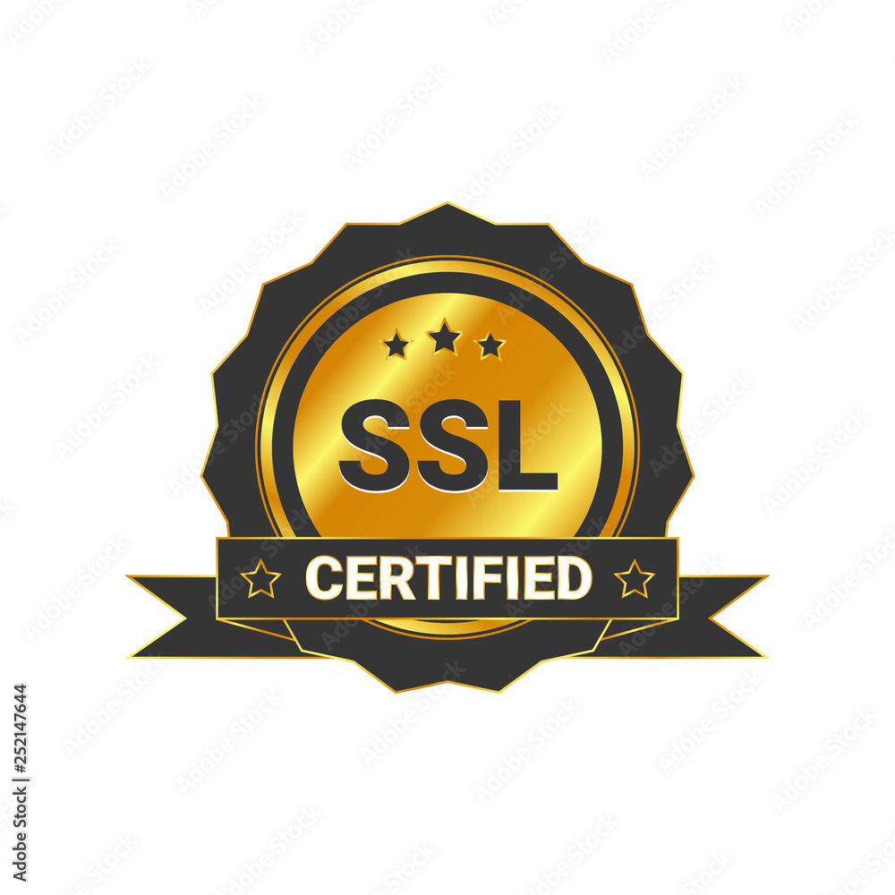 SSL Certified/certificate 100% secure transaction with encryption. illustration ssl certificate, ssl secured, ssl shield symbols, protected safe data. with ribbon, gold style & black color SSL Certified/certificate 100% secure transaction with encryption. illustration ssl certificate, ssl secured, ssl shield symbols, protected safe data. with ribbon, gold style & black color