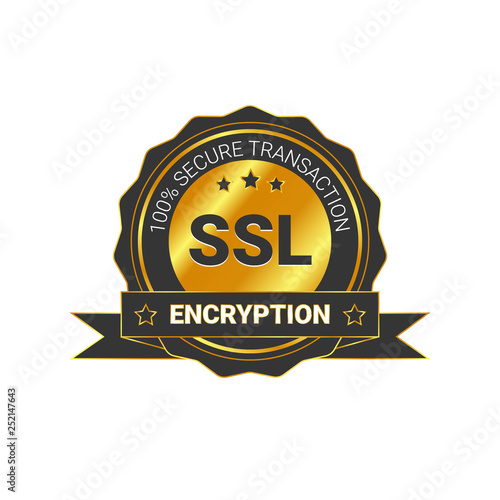SSL Certified/certificate 100% secure transaction with encryption. illustration ssl certificate, ssl secured, ssl shield symbols, protected safe data. with ribbon, gold style & black color
