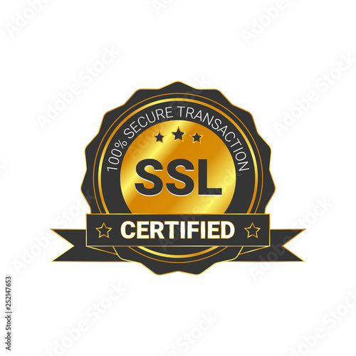 SSL Certified/certificate 100% secure transaction with encryption. illustration ssl certificate, ssl secured, ssl shield symbols, protected safe data. with ribbon, gold style & black color