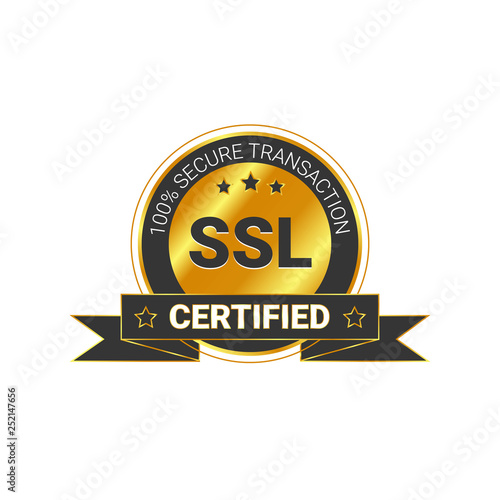 SSL Certified/certificate 100% secure transaction with encryption. illustration ssl certificate, ssl secured, ssl shield symbols, protected safe data. with ribbon, gold style & black color