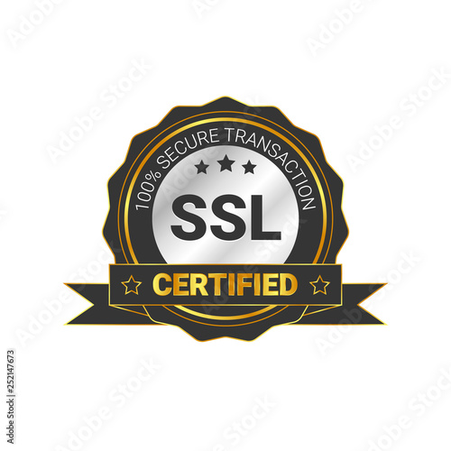 SSL Certified/certificate 100% secure transaction with encryption. illustration ssl certificate, ssl secured, ssl shield symbols, protected safe data. with ribbon, gold style & black color