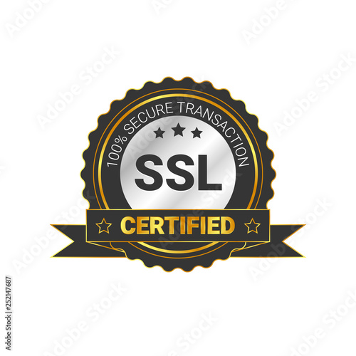 SSL Certified/certificate 100% secure transaction with encryption. illustration ssl certificate, ssl secured, ssl shield symbols, protected safe data. with ribbon, gold style & black color