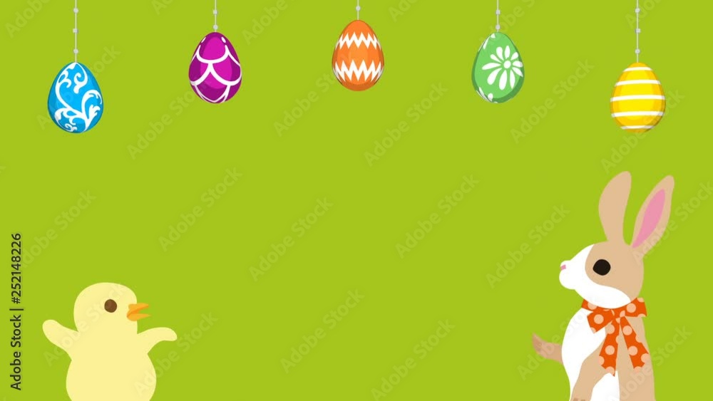 Easter greeting animation, Bunny talking with Chick, Hanging eggs - Green colored background Easter greeting animation, Bunny talking with Chick, Hanging eggs - Green colored background