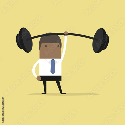 African businessman holding a heavy barbell with one hand.
