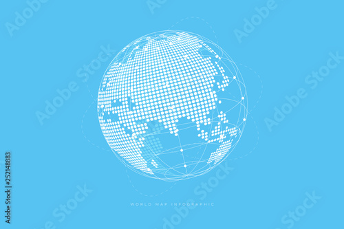 Simple Globe shape, World map created from dots on blue background. Global connection concept.