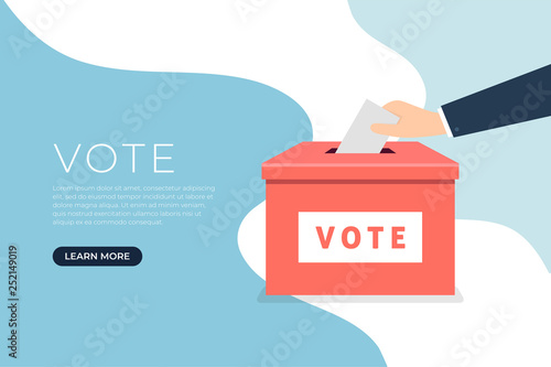 Businessman hand putting voting paper in the ballot box. Voting concept in flat style banner. photo