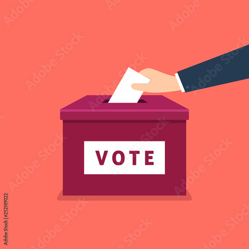 Businessman hand putting voting paper in the ballot box. Voting concept in flat style.