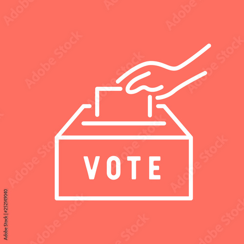Hand putting paper in the voting box. Vote line icon.