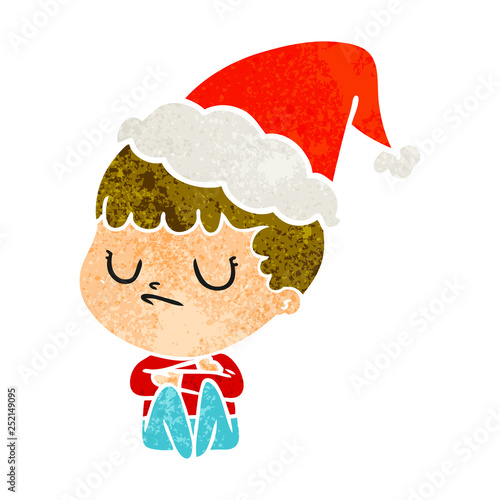 retro cartoon of a grumpy boy wearing santa hat