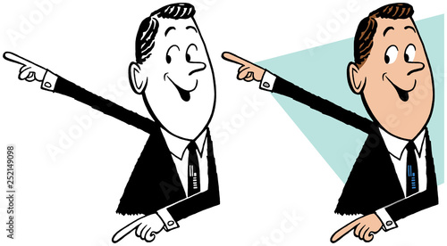A cartoon of a man pointing in two directions.