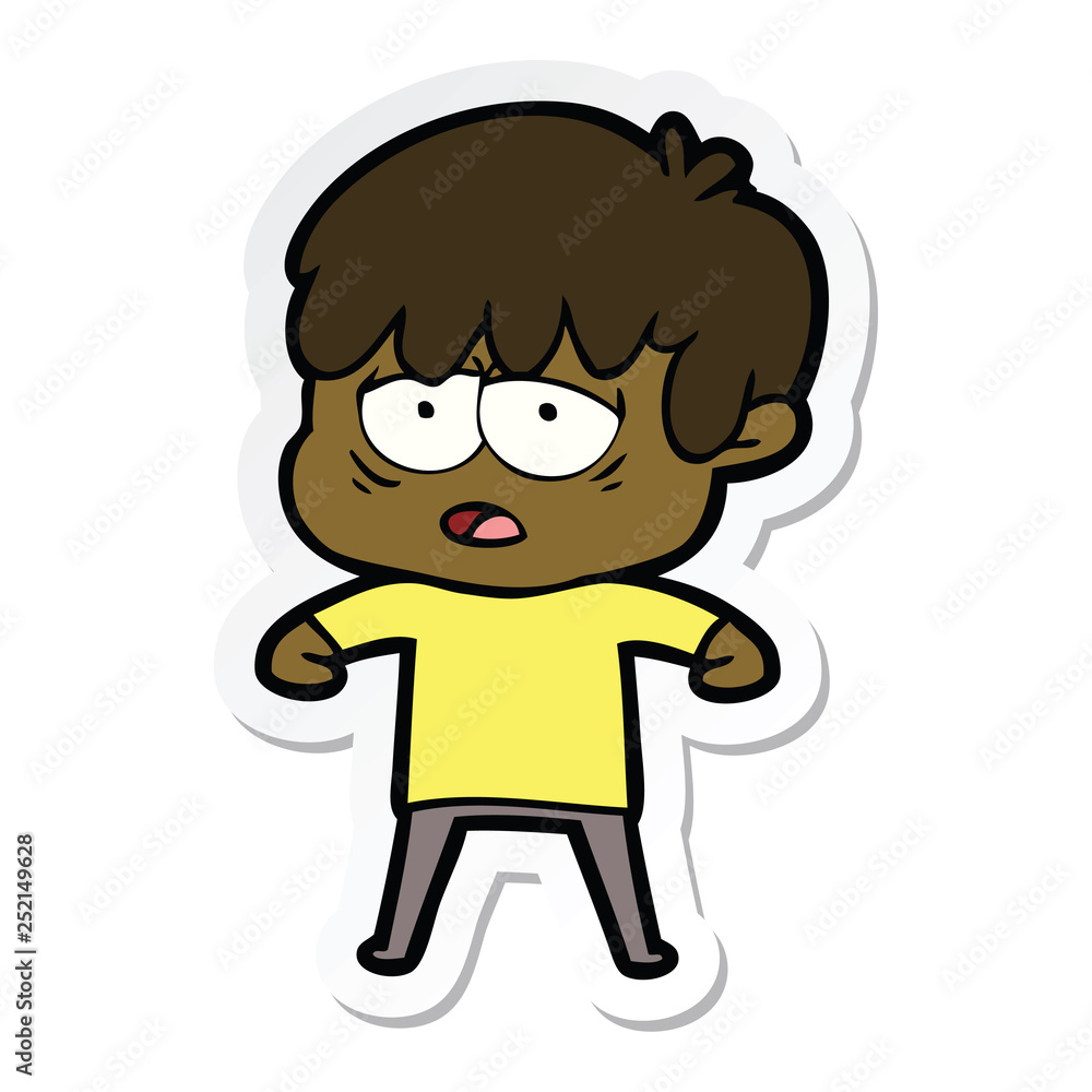 sticker of a cartoon exhausted boy sticker of a cartoon exhausted boy