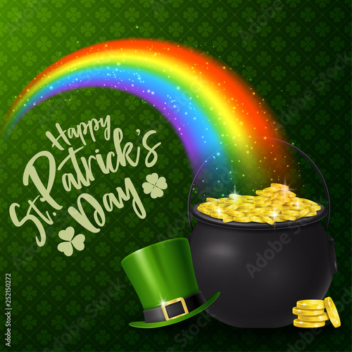 Happy St. Patrick's Day with rainbow, hat, and golden coins