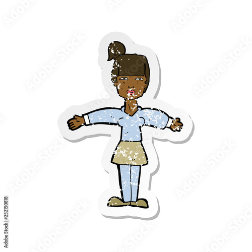 retro distressed sticker of a cartoon woman shrugging shoulders