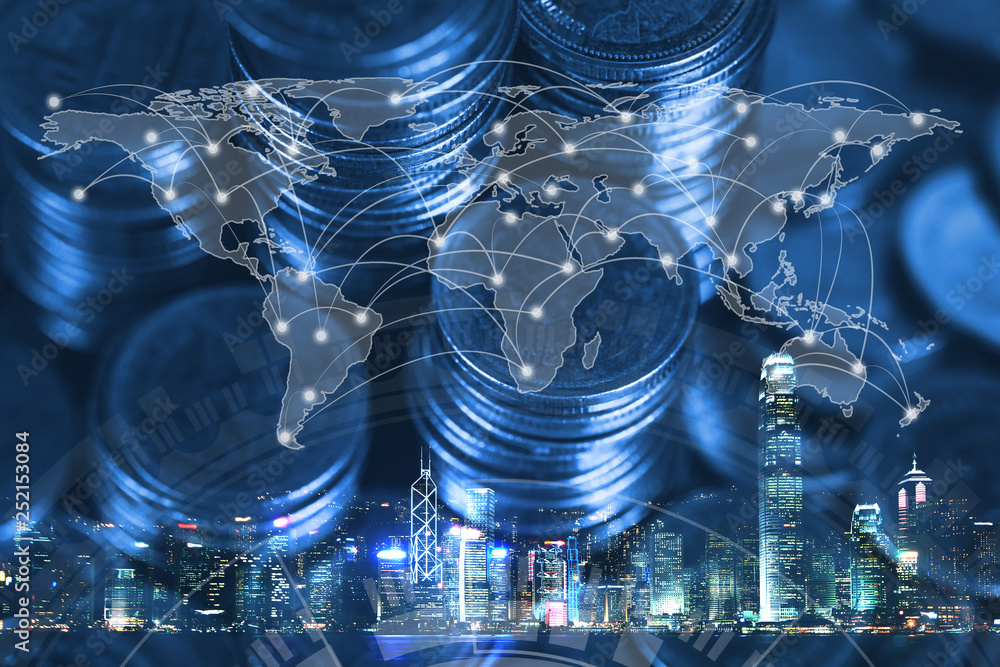 Double exposure of coin stack with city background and world map, financial graph, world map and global network business concept Double exposure of coin stack with city background and world map, financial graph, world map and global network business concept