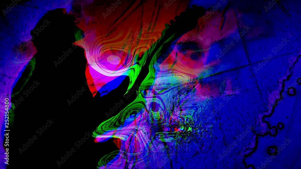Man's silhouette playing guitar with psychedelic colors swirling about.