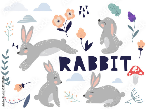 Cute cartoon rabbit. Rabbit characters set. Rabbits  flowers and leaves vector illustration.