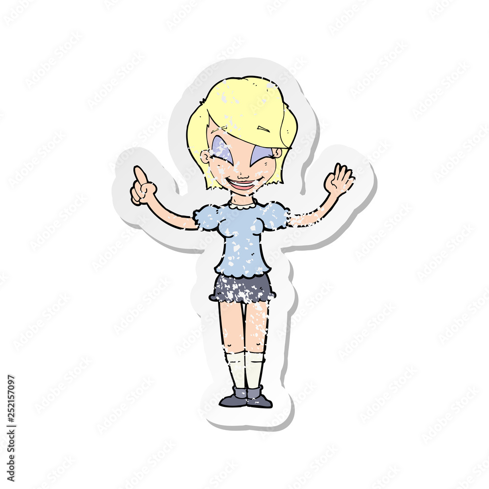 retro distressed sticker of a cartoon pretty girl with idea retro distressed sticker of a cartoon pretty girl with idea