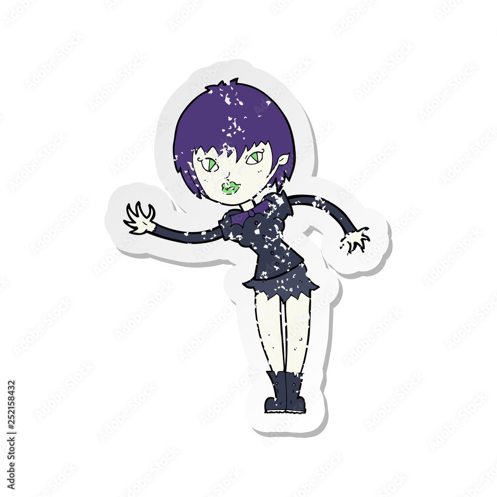 retro distressed sticker of a cartoon vampire girl welcoming retro distressed sticker of a cartoon vampire girl welcoming