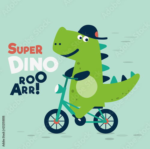 Cute dinosaur rides on bicycle