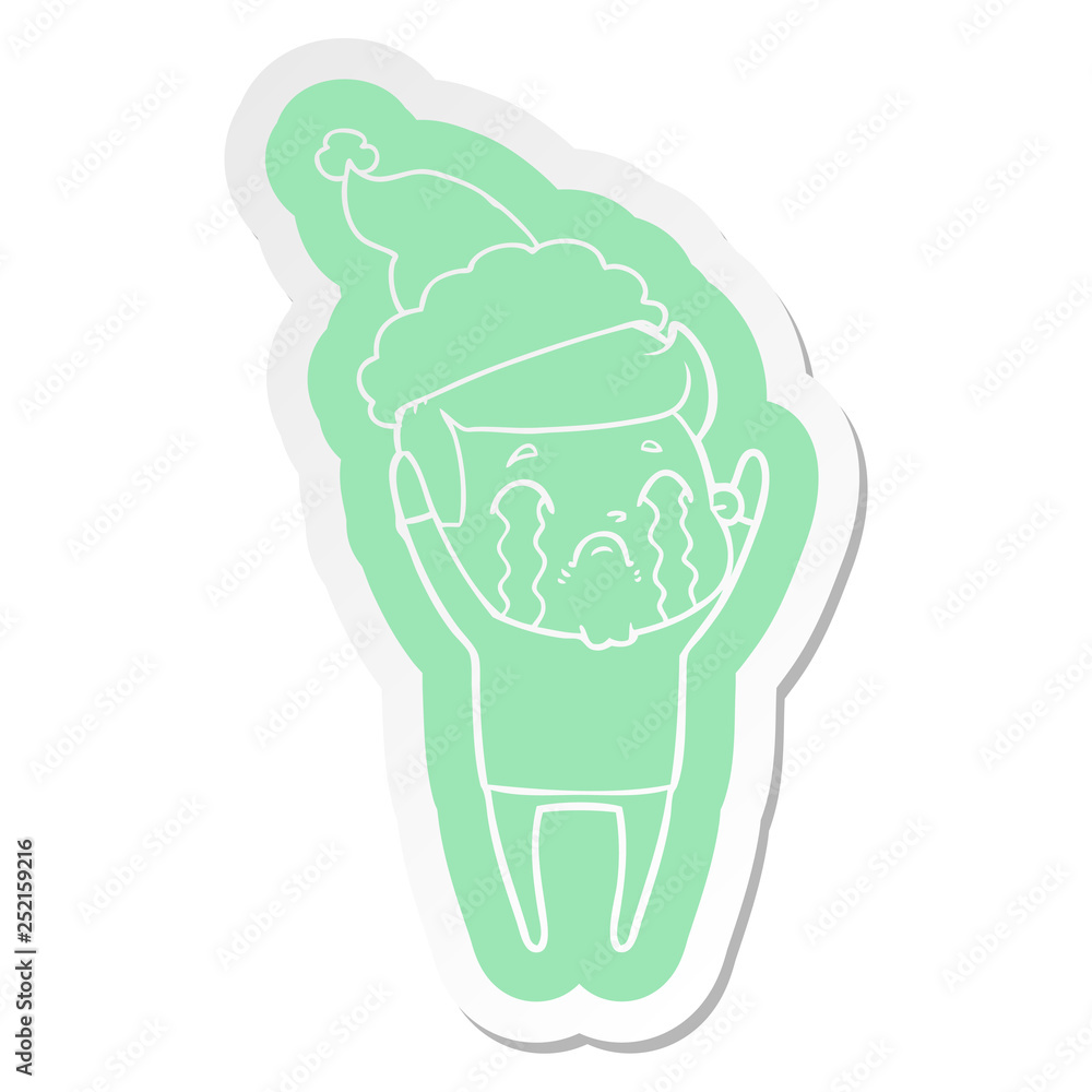 cartoon sticker of a man crying wearing santa hat cartoon sticker of a man crying wearing santa hat