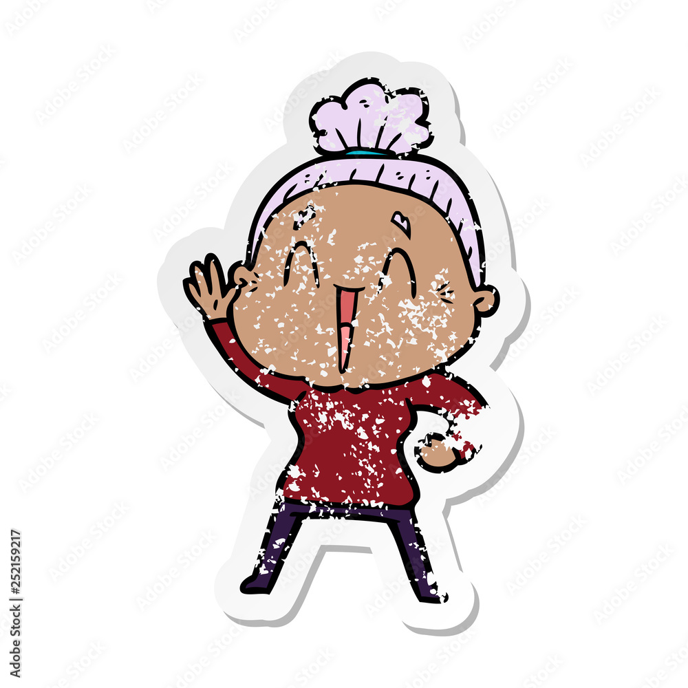 Fototapeta premium distressed sticker of a cartoon happy old lady