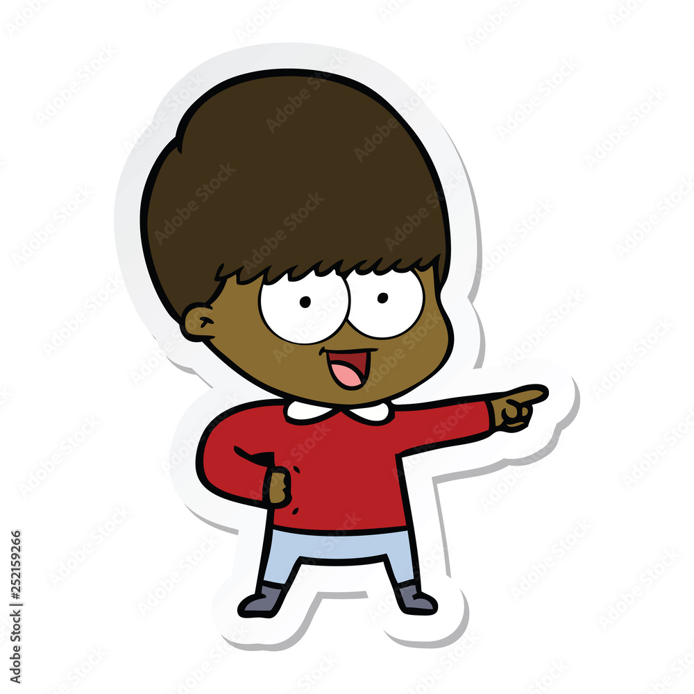 sticker of a happy cartoon boy pointing sticker of a happy cartoon boy pointing