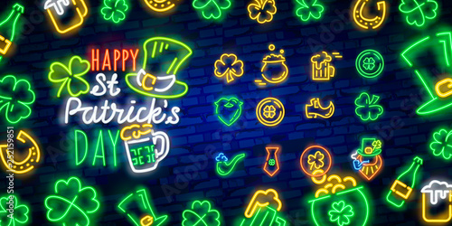 Happy St. Patrick's Day Vector Illustration in Neon Style. Neon sign, greeting card, postcard, neon banner, bright advertising, flyer. Invitation to celebrate St Patricks Day. Editing text neon sign