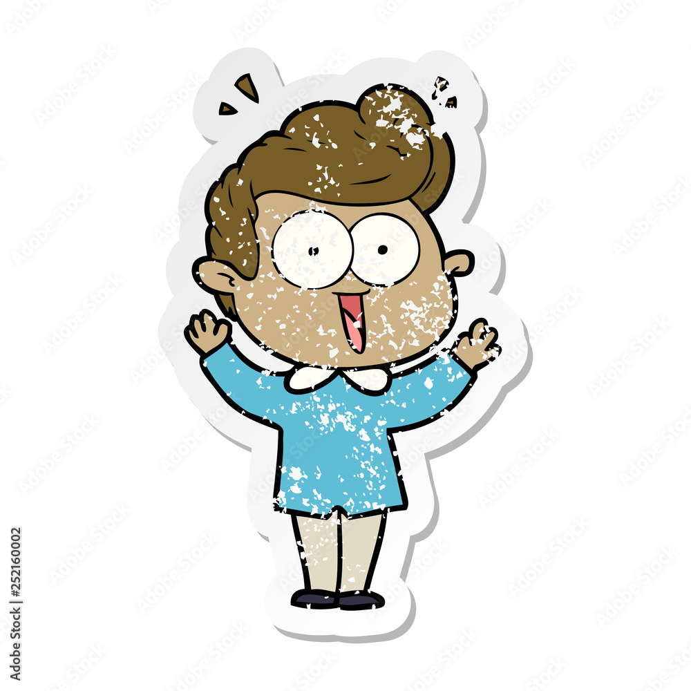 distressed sticker of a cartoon excited man distressed sticker of a cartoon excited man