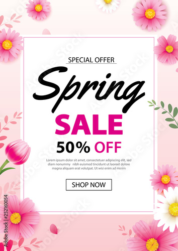 Spring sale poster banner with blooming flowers background template. Design for advertising, voucher, flyers, brochure, cover discount.