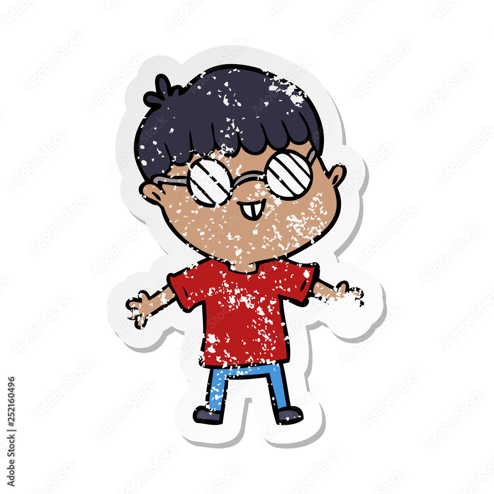 distressed sticker of a cartoon boy wearing spectacles distressed sticker of a cartoon boy wearing spectacles