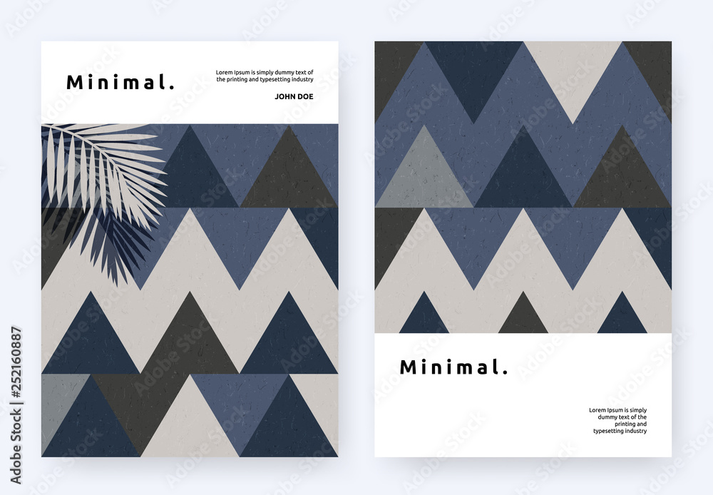 Book cover template design, symmetrical triangle shapes pattern with leaves, minimalist cool blue tones
