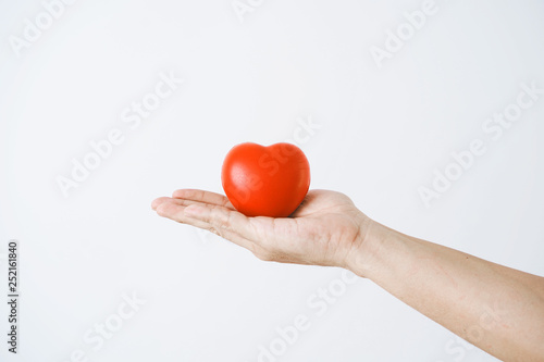 The hand of a man holding a red heart on white background.