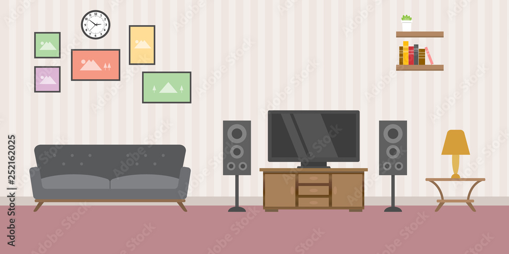 warm living room concept with sofa tv and books rack - vector illustration warm living room concept with sofa tv and books rack - vector illustration