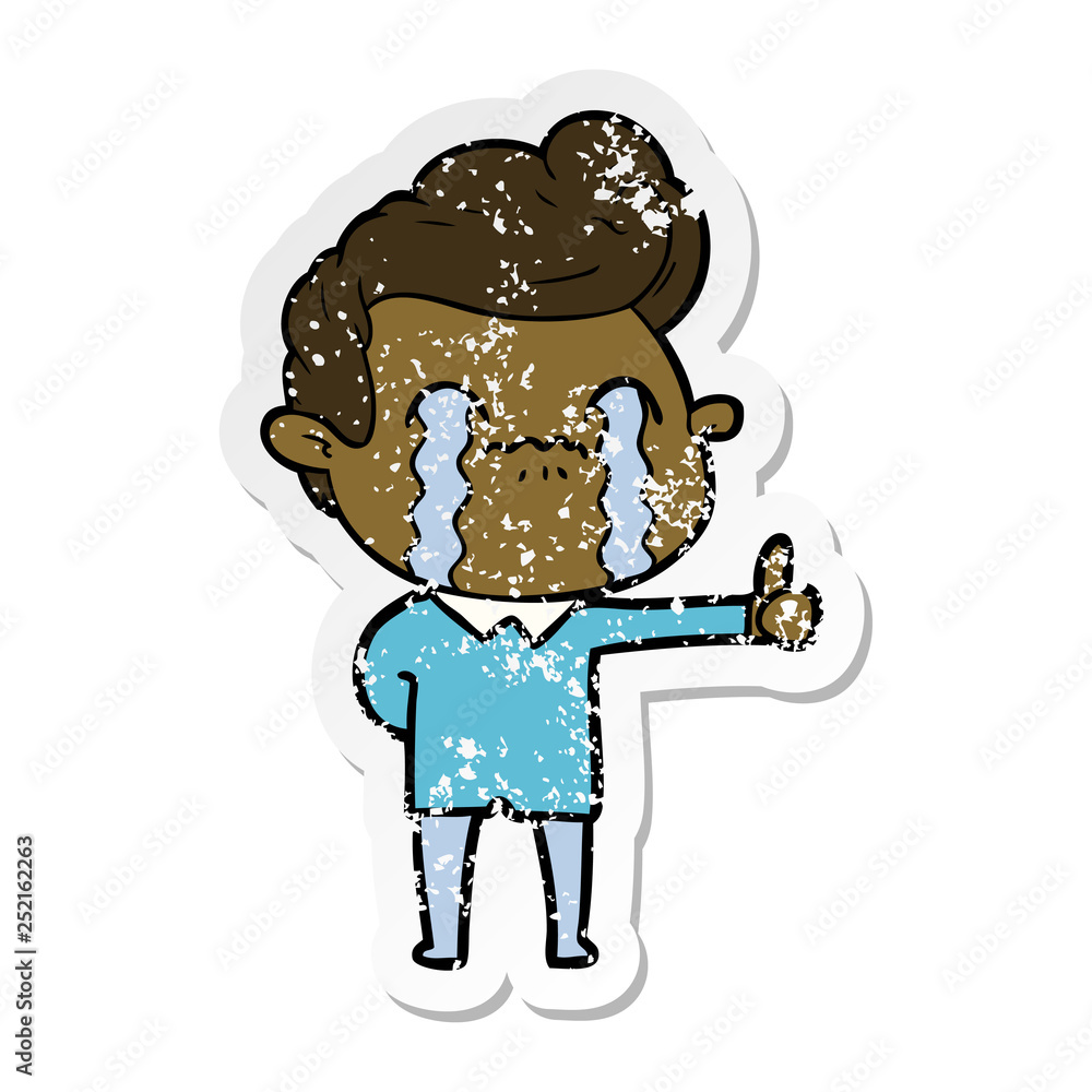 distressed sticker of a cartoon man crying distressed sticker of a cartoon man crying