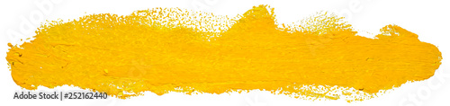 Vector yellow oil brush stroke. Abstract varnish splash trace shape. Glossy oil paint smear long line on white background.