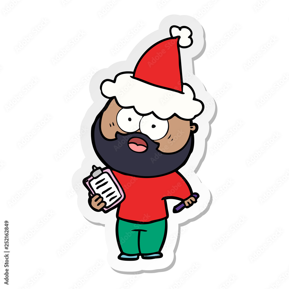 sticker cartoon of a bearded man with clipboard and pen wearing santa hat sticker cartoon of a bearded man with clipboard and pen wearing santa hat