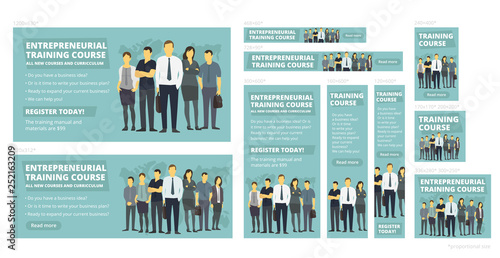 Entrepreneurial training course. Vector set of web banners. New education courses. Company business group people. Standard sizes for advertising background. Place for text.