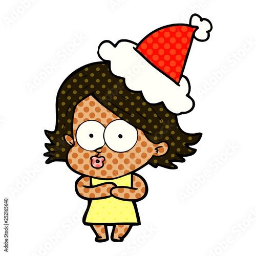 comic book style illustration of a girl pouting wearing santa hat