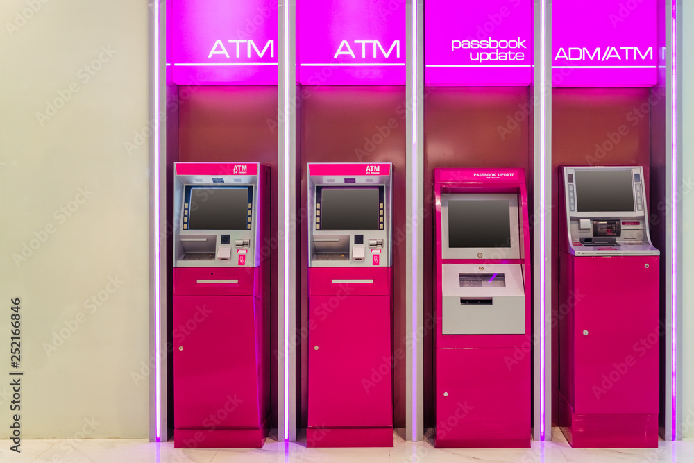 ATM (automatic teller machine) ADM(Automatic Cash Deposit Machine) passbook update For cash services and all for financial transaction. Banking and technology. ATM (automatic teller machine) ADM(Automatic Cash Deposit Machine) passbook update For cash services and all for financial transaction. Banking and technology.
