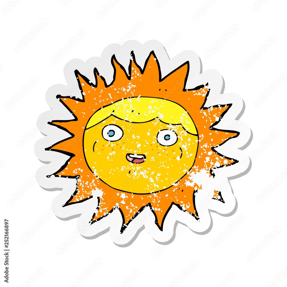 retro distressed sticker of a sun cartoon character retro distressed sticker of a sun cartoon character