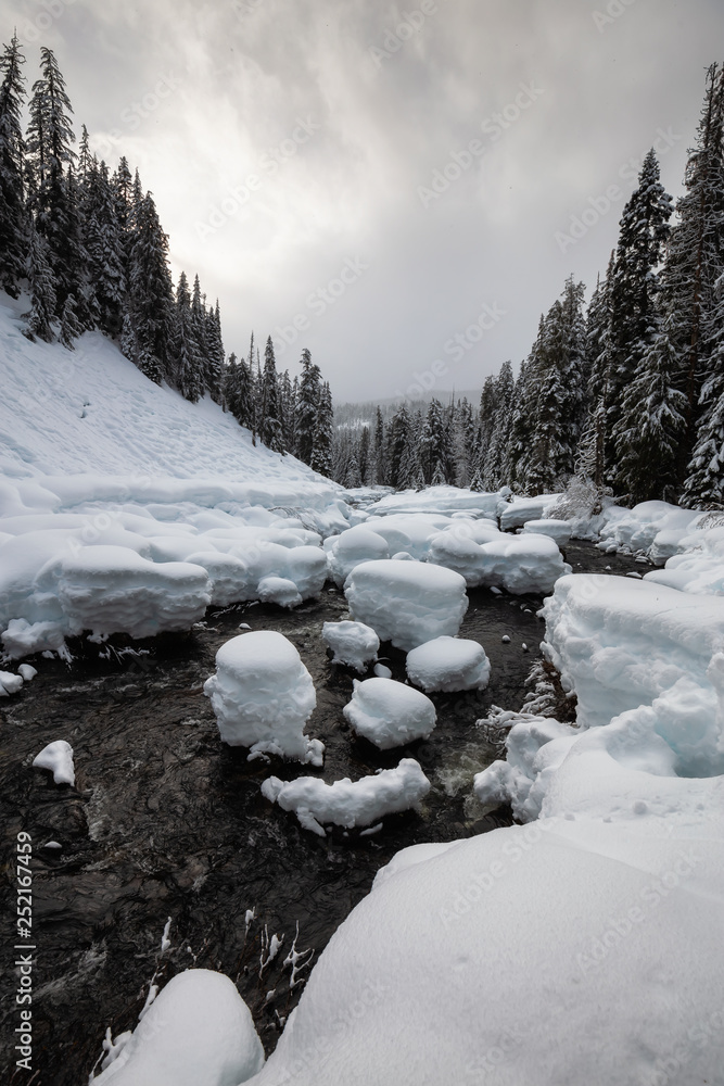 Beautiful Canadian Winter Landscape in the mountain valley during a cloudy day. Taken on a hike to Alexander Falls, Near Whistler and Squamish, North of Vancouver, BC, Canada. Beautiful Canadian Winter Landscape in the mountain valley during a cloudy day. Taken on a hike to Alexander Falls, Near Whistler and Squamish, North of Vancouver, BC, Canada.